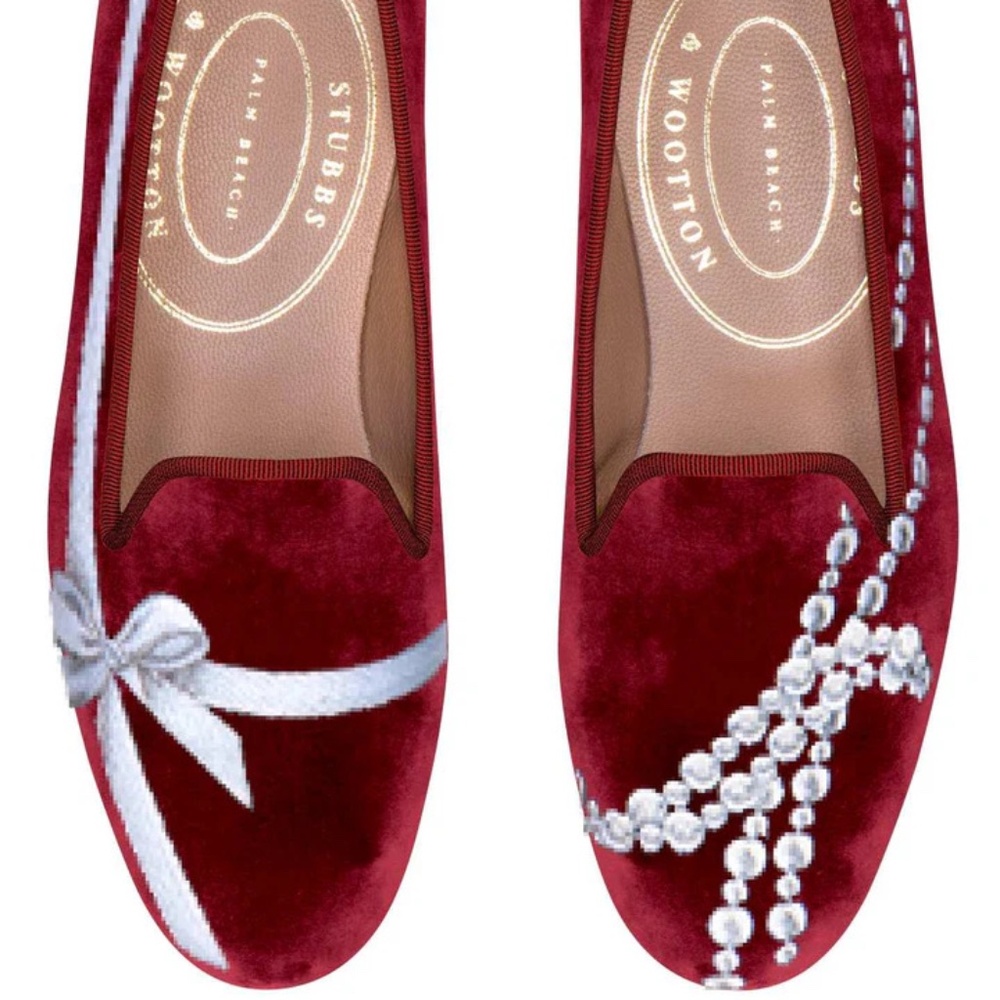 NIB Stubbs & Wootton Women's Bespoke Ribbon & Pearls Velvet Loafers Slippers